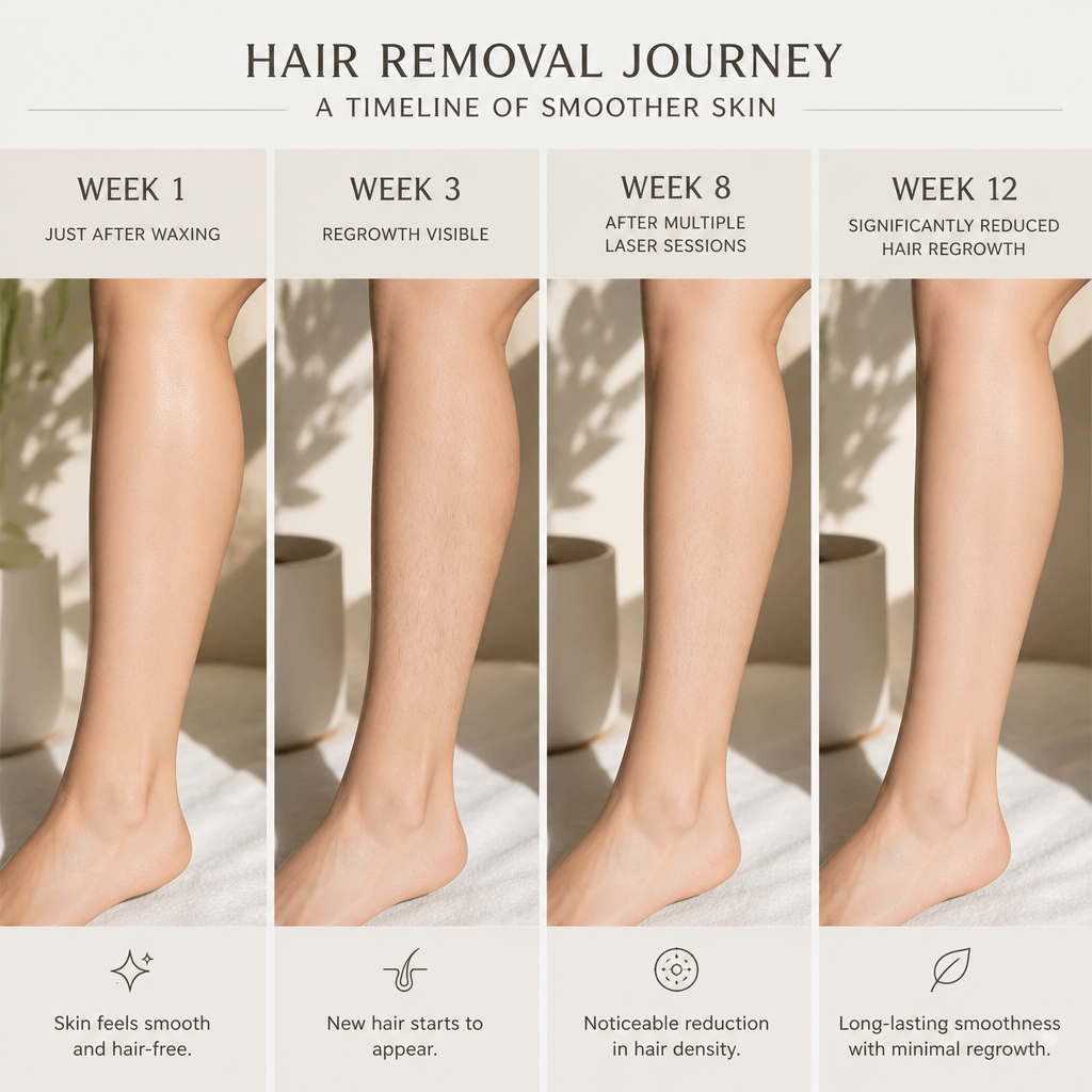 Timeline showing progressive hair reduction from repeated laser treatments compared to waxing regrowth cycles