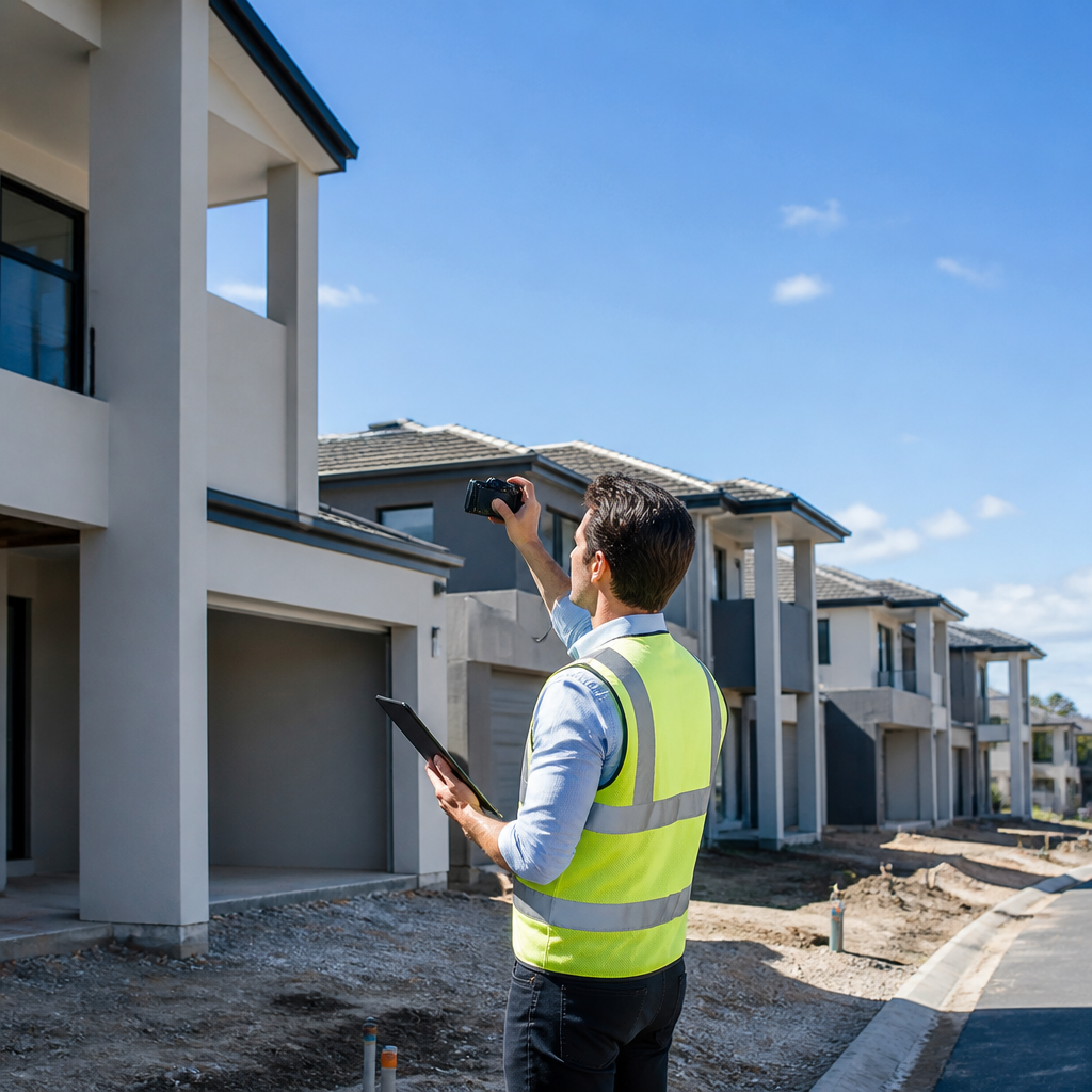 Building inspector documenting new homes at a Redland Bay residential development with tablet and camera