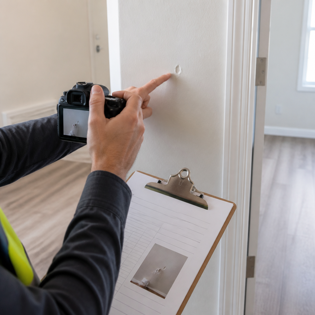 Close-up of inspector documenting interior construction defects during new home inspection