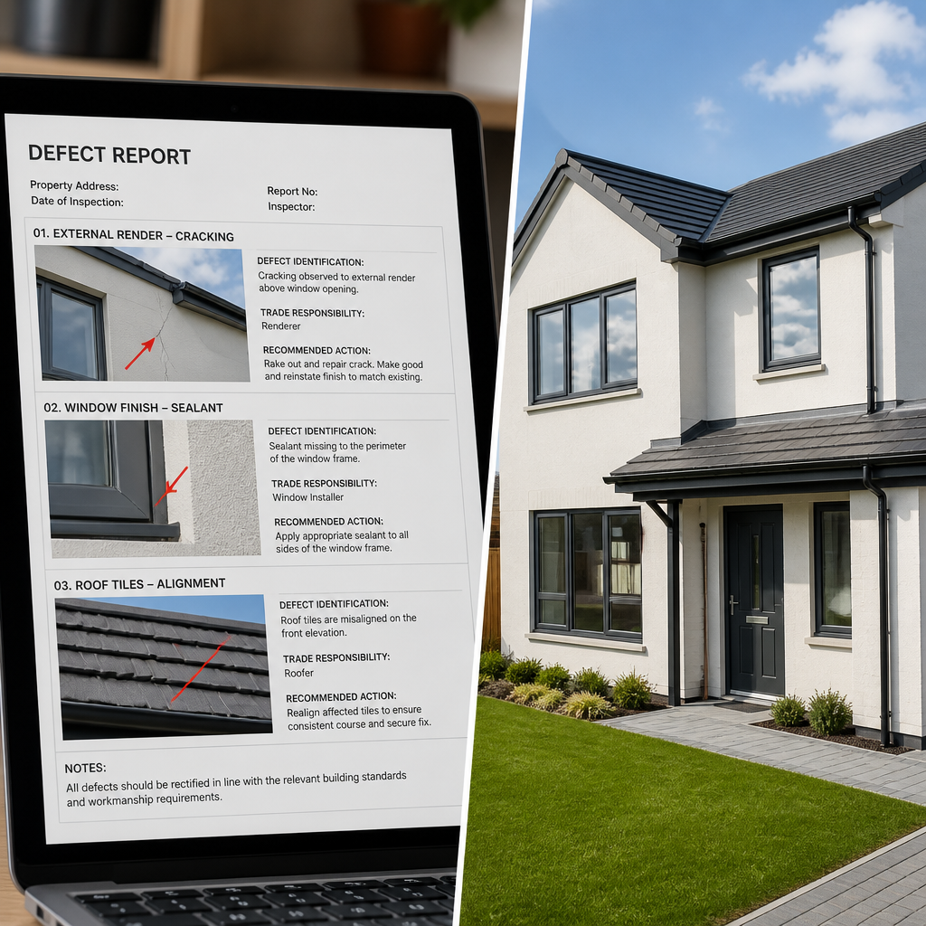 Photo-enhanced defect report with annotated construction images displayed on screen alongside a new residential property