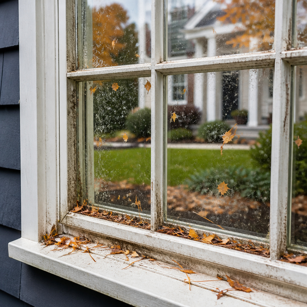 Close-up of dirty residential window with autumn debris and residue on glass and sill