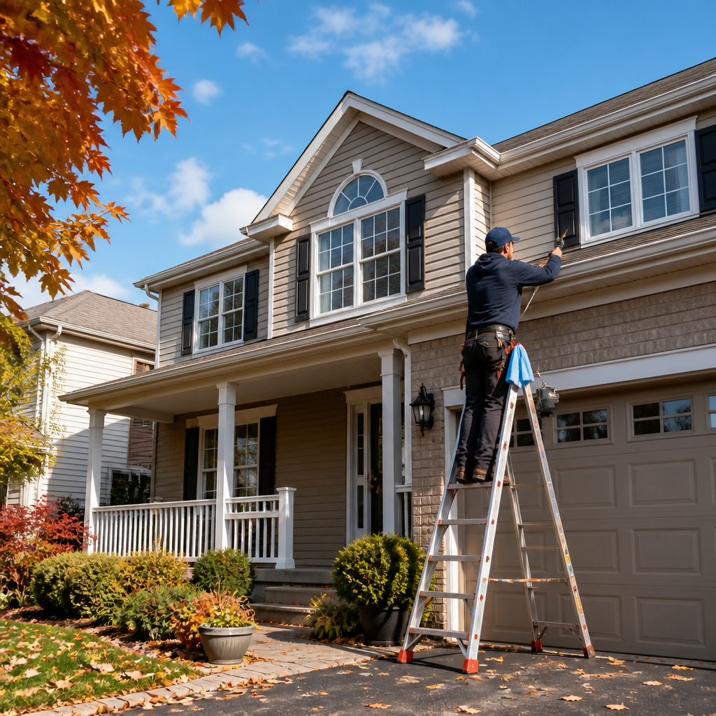 Professional window and eavestrough cleaning crew working on residential home exterior in early October