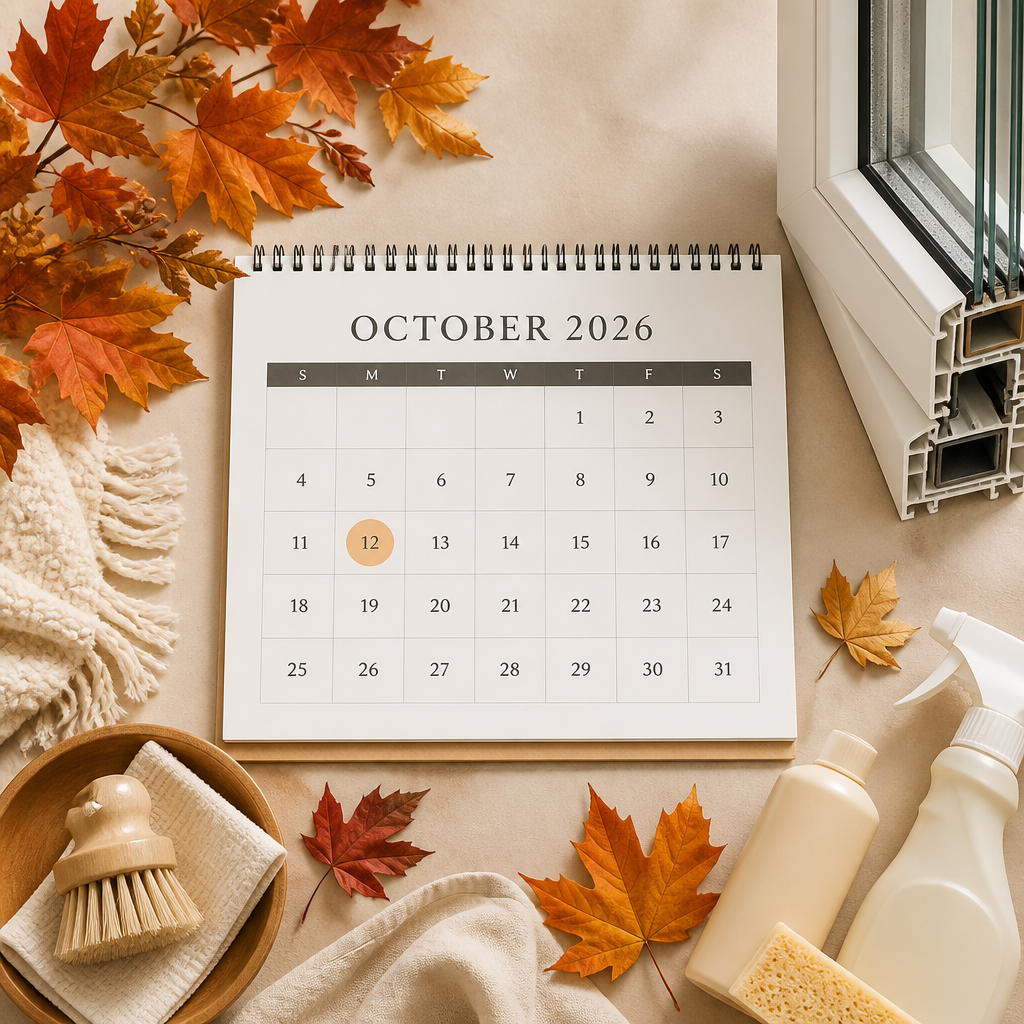 Styled October calendar flat-lay emphasizing Thanksgiving timing with window cleaning context