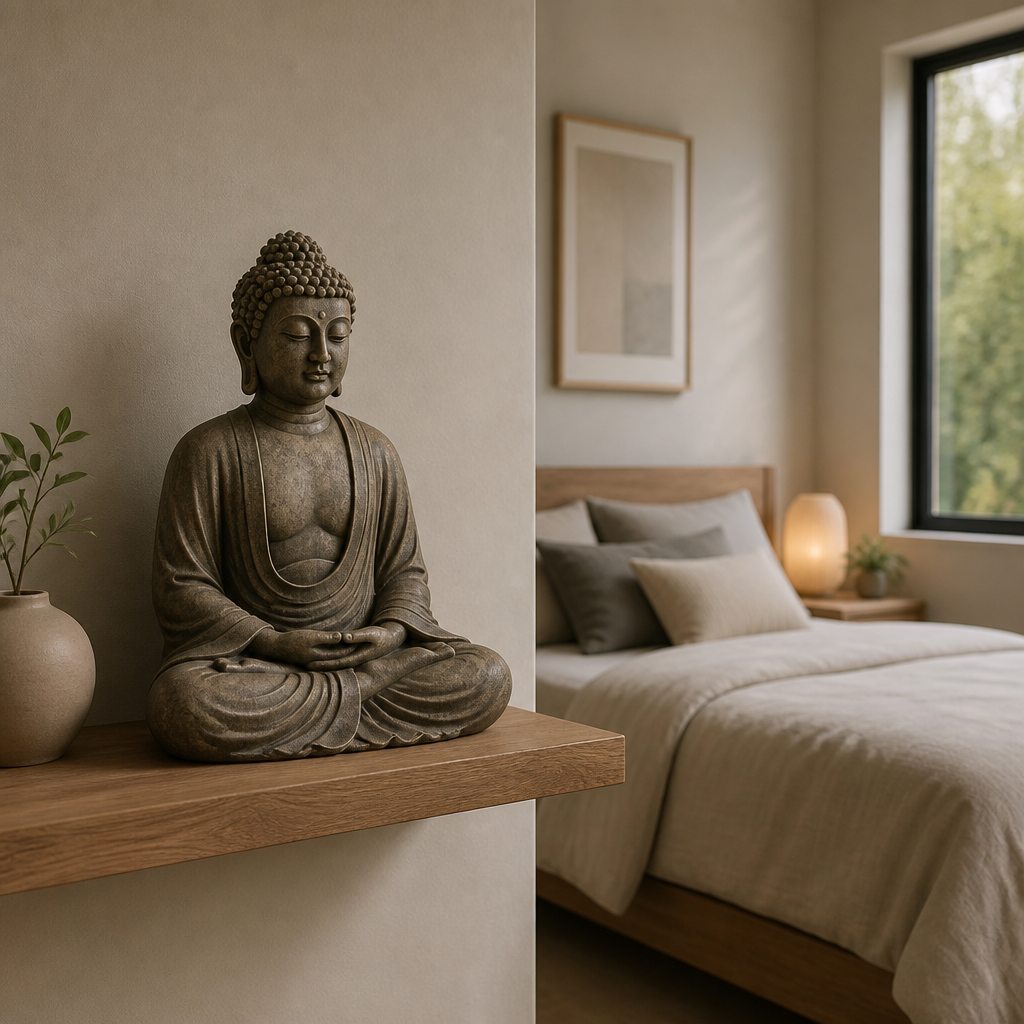 Meditating Buddha statue at eye level on a bedroom shelf, illustrating proper placement for calm spaces