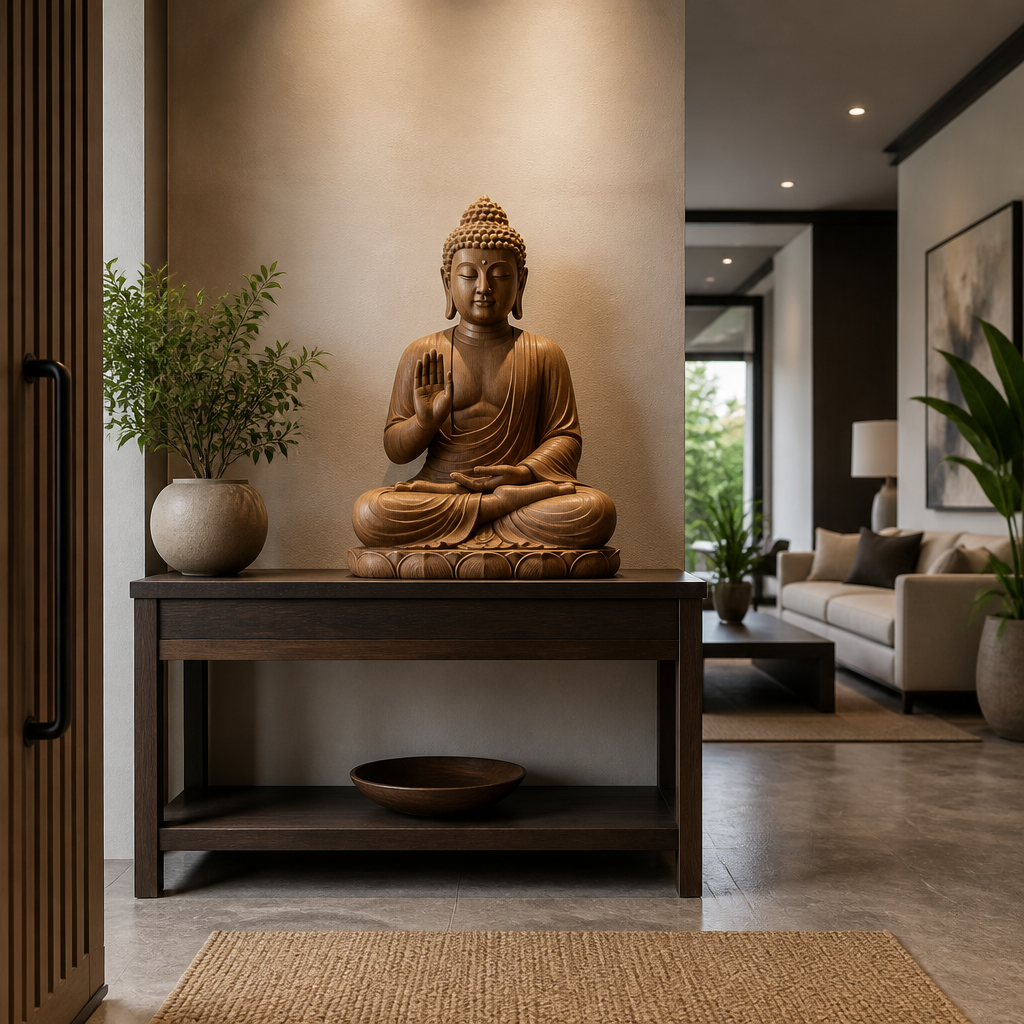 Teaching Buddha statue positioned at an entryway, demonstrating active space placement guidance