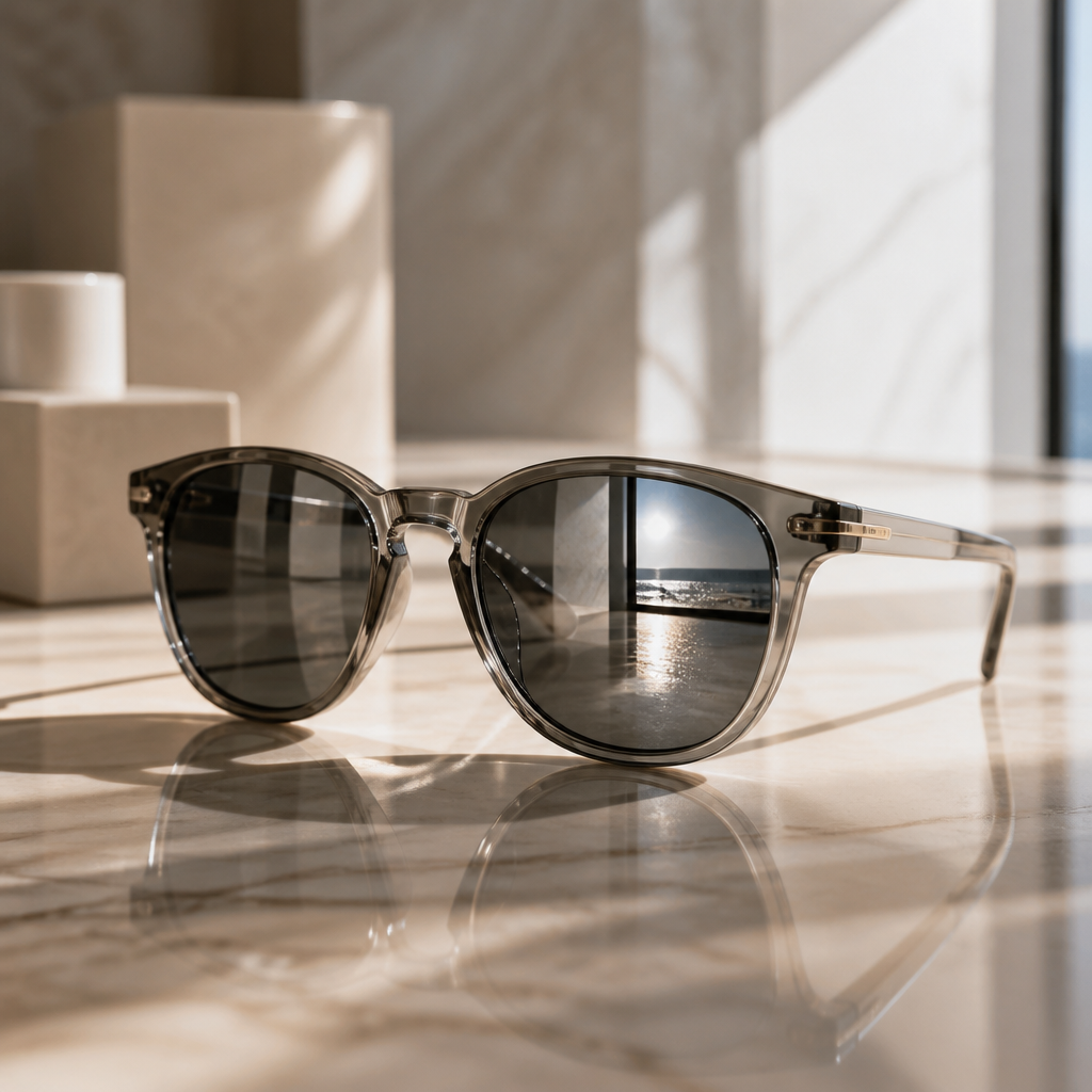 Close-up of premium designer sunglasses with polarized lenses showcasing glare reduction technology