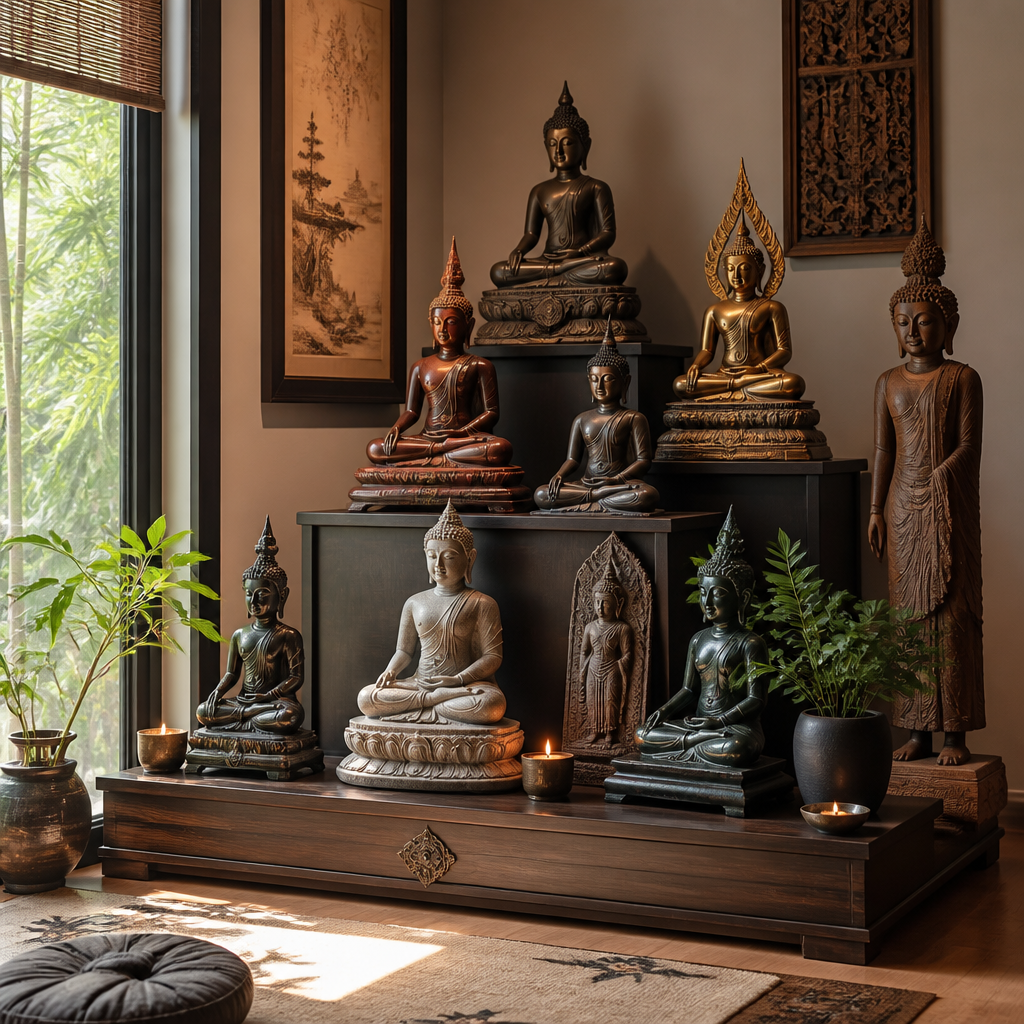 Collection of Buddha statues in various regional styles and materials displayed on tiered shelving in a home altar setting