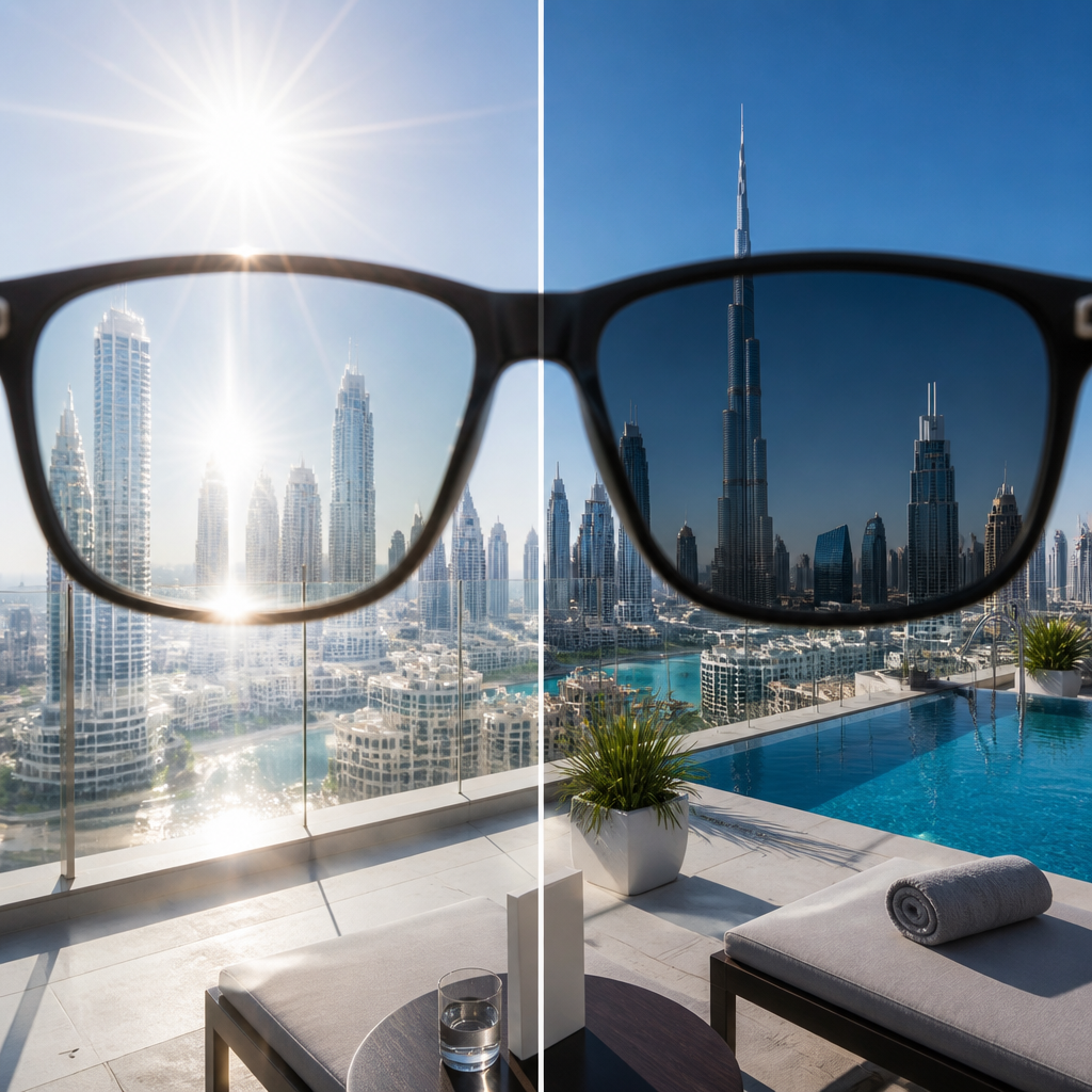 Side-by-side lens comparison: glare effect through non-polarized versus clarity through polarized lenses in Dubai