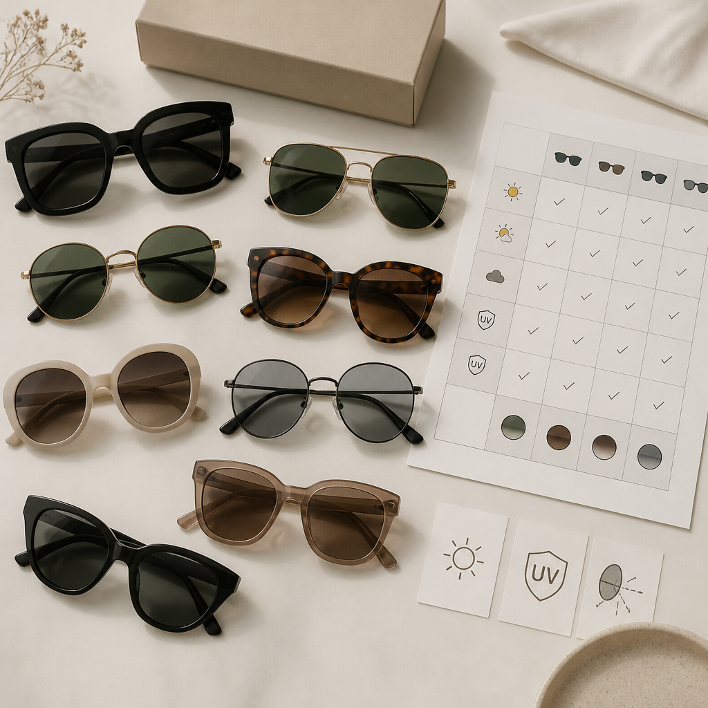Curated collection of designer sunglasses with comparison guide for lens type selection