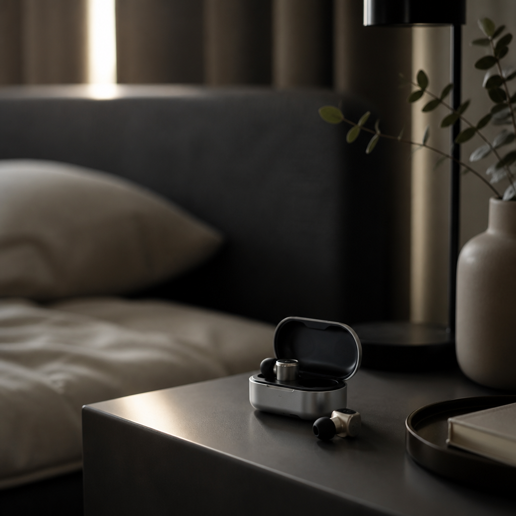 Premium metal reusable ear plugs on a nightstand in a darkened bedroom designed for quality daytime sleep