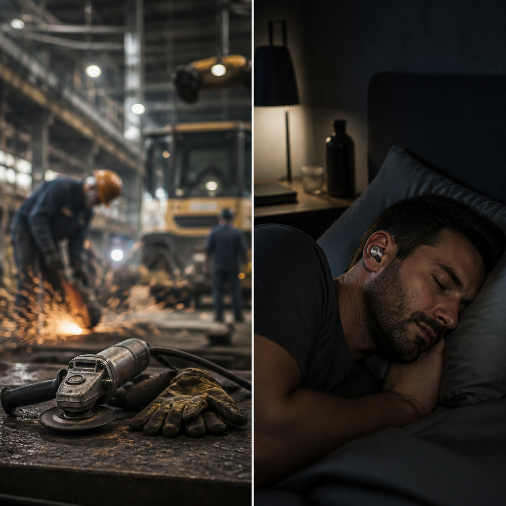 Split-scene comparing a noisy work environment with peaceful daytime sleep using professional-grade ear plugs