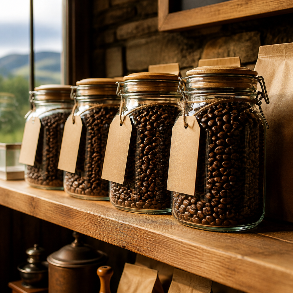 Freshly roasted coffee beans in glass storage jars on wooden shelving in an artisan roastery