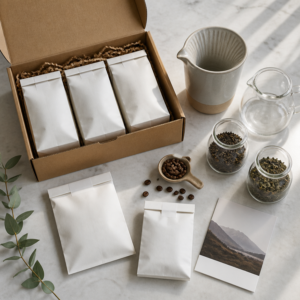 Arranged contents of a premium coffee subscription package including hand-packed beans and brewing equipment