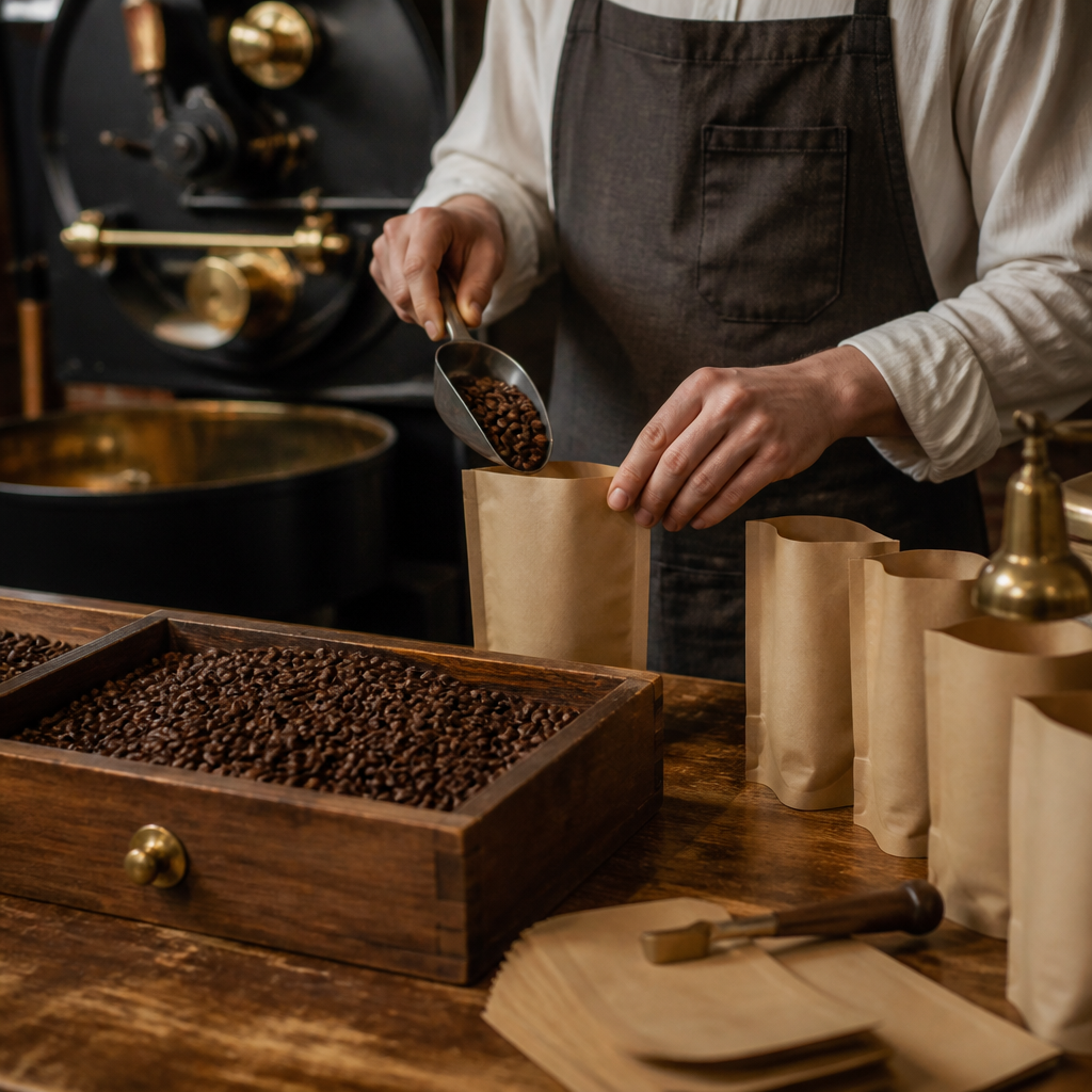 Artisanal hand-packing of specialty roasted coffee beans into packaging at a heritage roastery