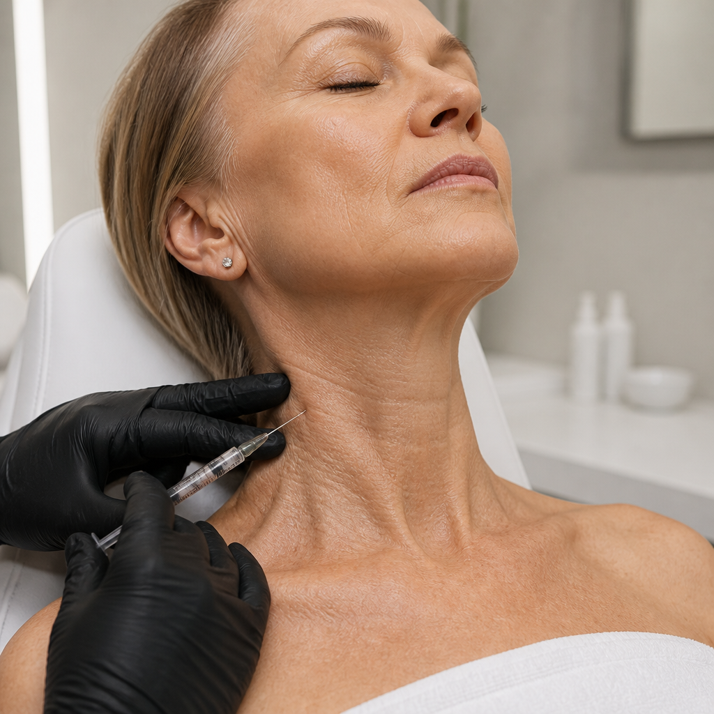 Botox injection being administered to neck and décolletage area in a medical spa treatment room
