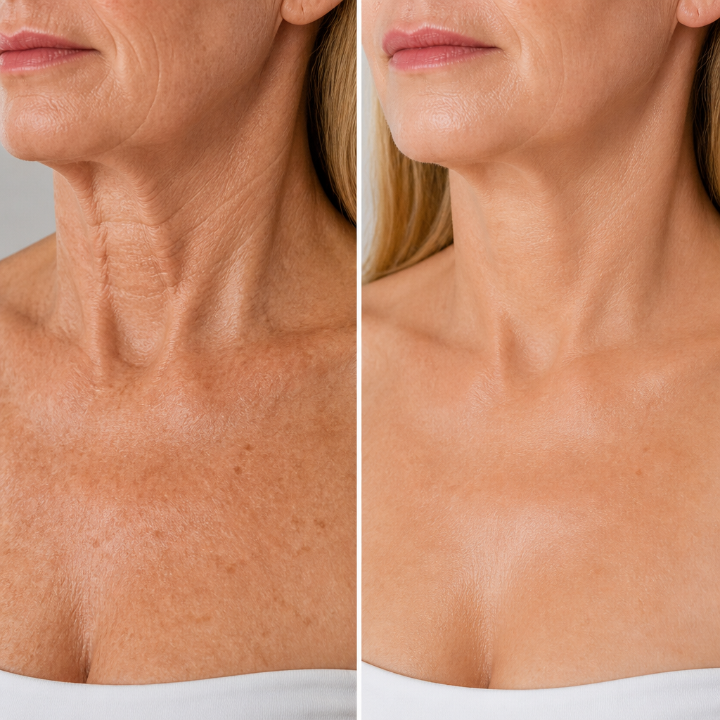 Before and after results of microneedling and PRP treatment on neck and chest area showing improved skin texture and firmness