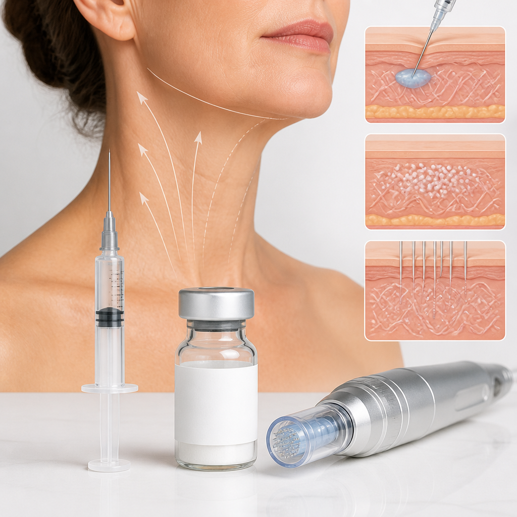 Visual representation of neck rejuvenation treatment options including dermal fillers, Sculptra, and microneedling tools