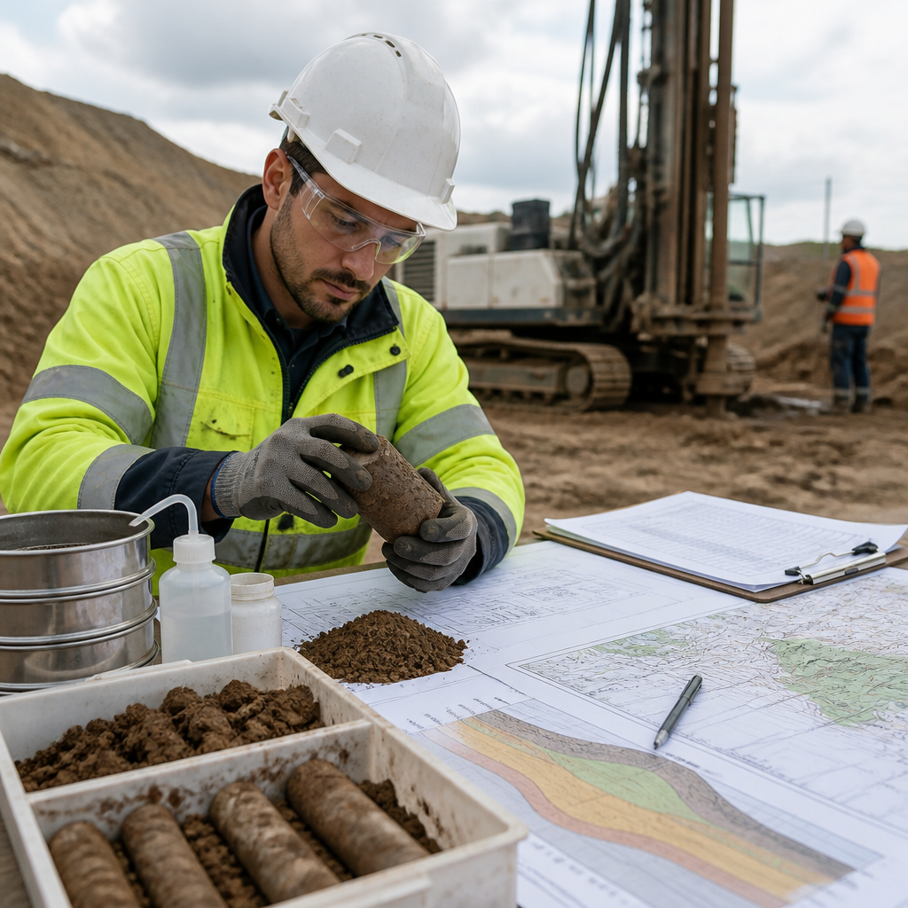 Ingénieur géotechnique analysant des échantillons de sol et des données géologiques sur un chantier de construction