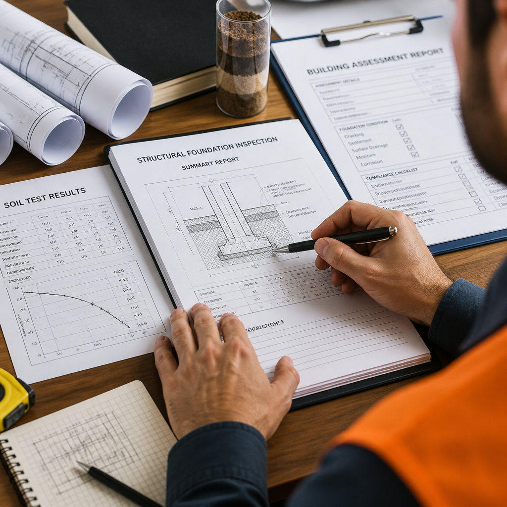 Documentation technique d'inspection de fondations et rapports d'analyse géotechnique BTP