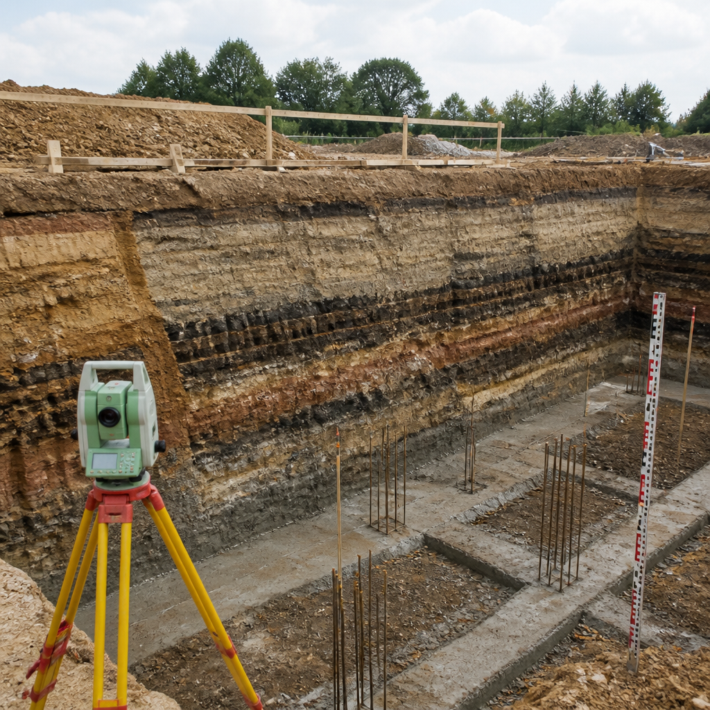 Phase d'excavation d'un chantier de construction montrant les couches géologiques et l'analyse du sol