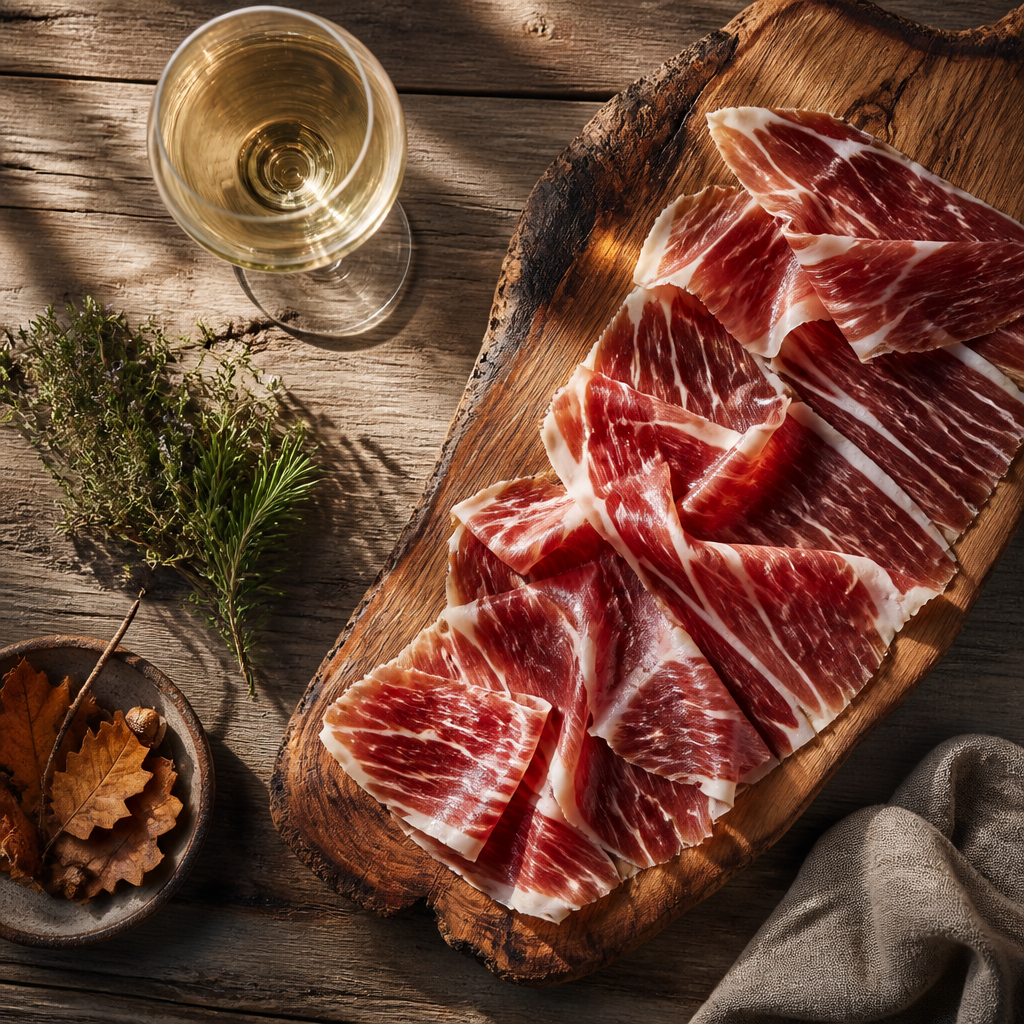 Tabla de jamón ibérico con vino joven en presentación gastronómica