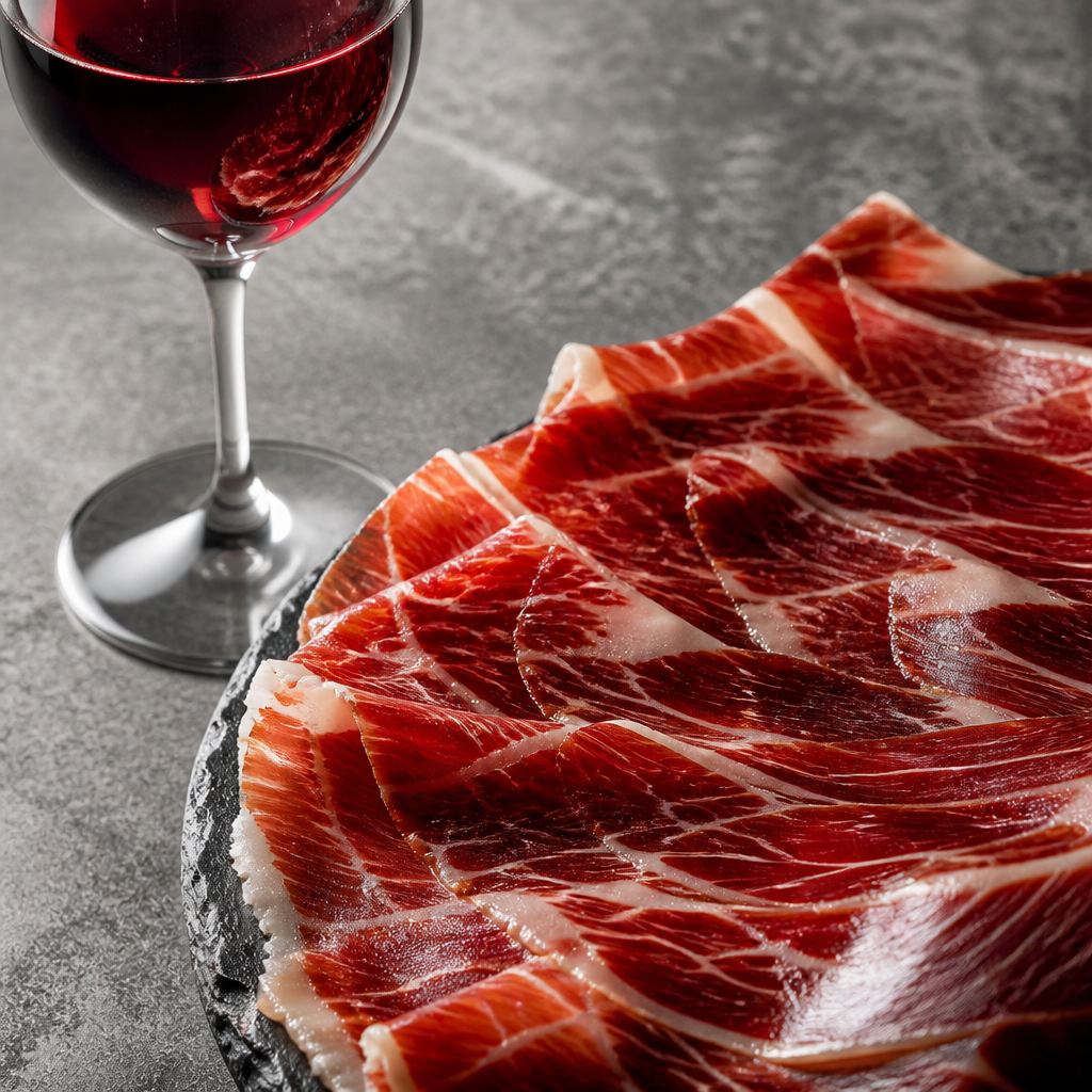 Detalle de jamón ibérico laminado junto a vino de cosecha nueva