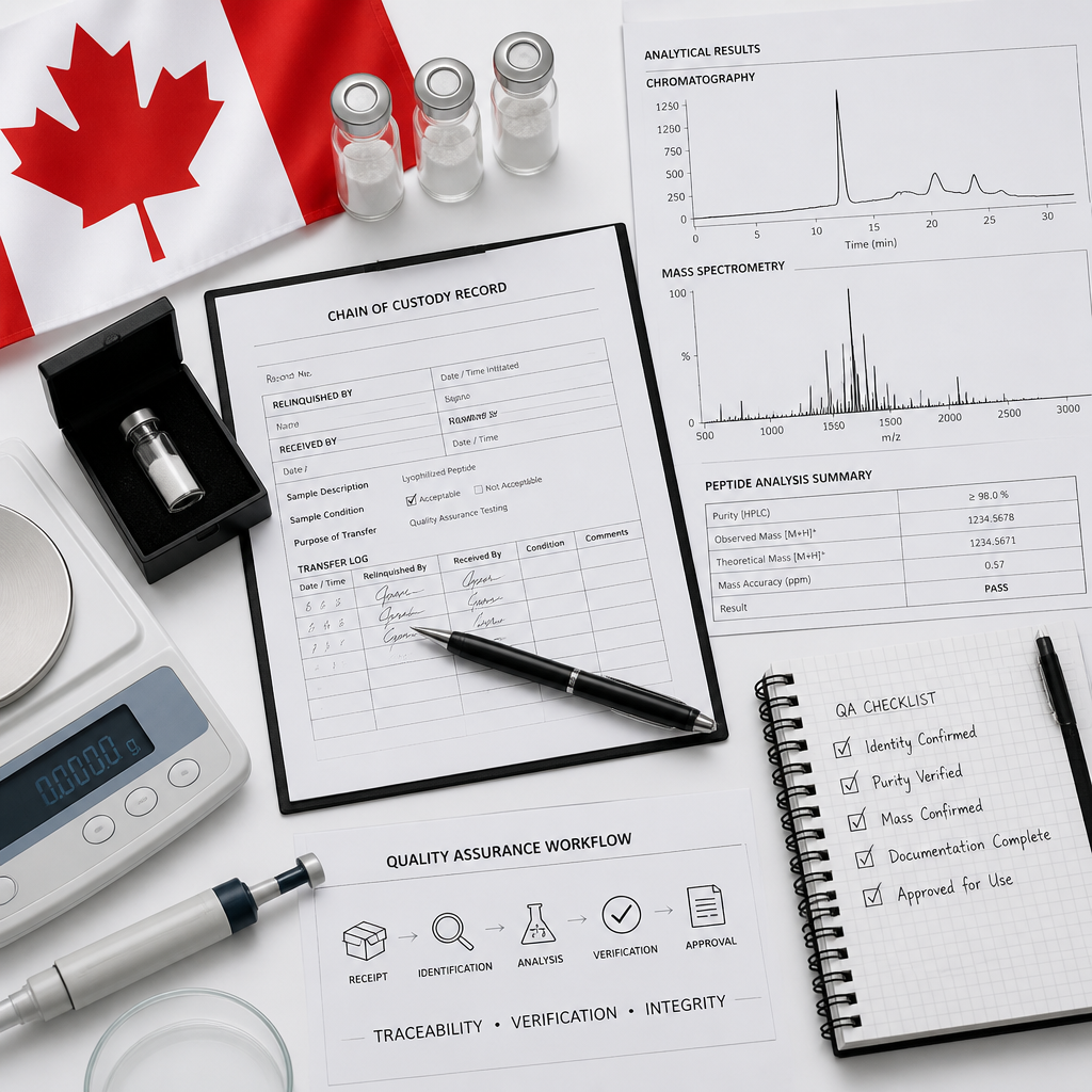 Laboratory quality assurance workflow showing peptide analysis, documentation, and chain of custody records
