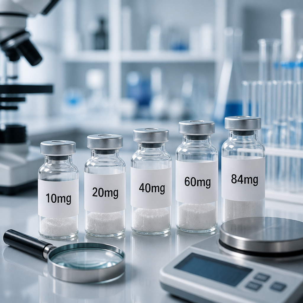 Retatrutide compound vials in multiple dosages arranged with laboratory quality verification tools