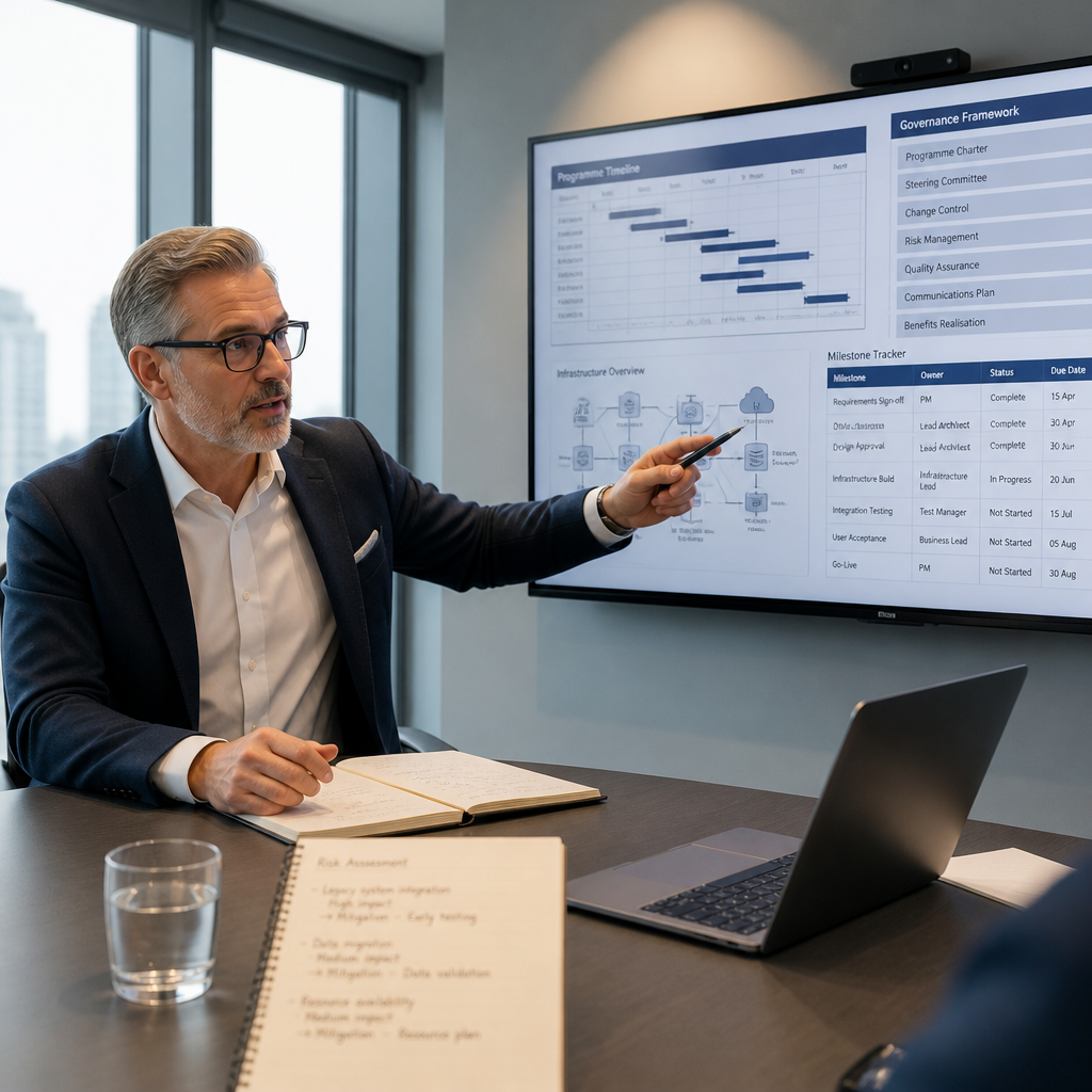 IT project management consultant reviewing structured governance timelines and infrastructure plans on a digital display in a modern London office meeting room