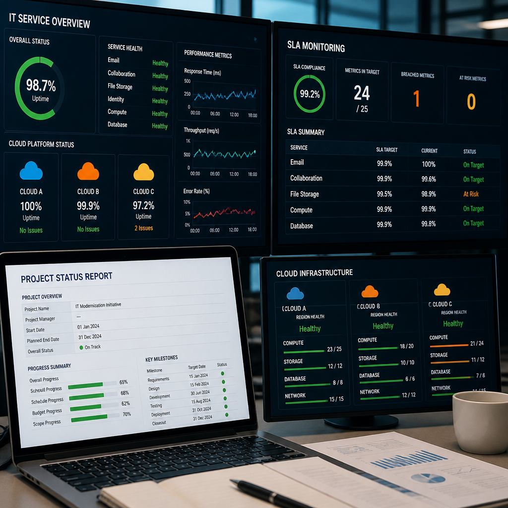 Multi-screen IT operations monitoring dashboard displaying project metrics, SLA tracking, and cloud infrastructure status without branded logos