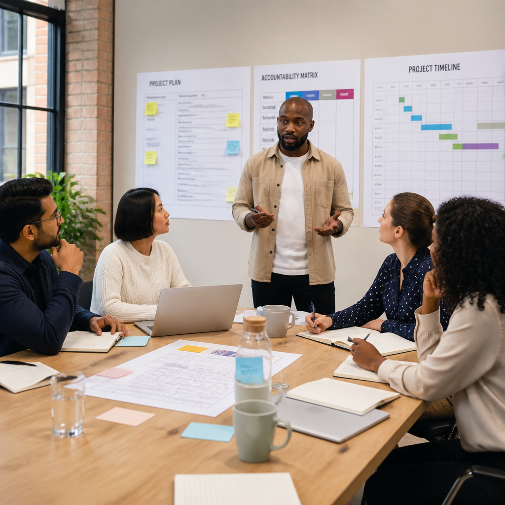 London SME business team collaborating during an IT project management meeting with visible accountability structures and project timelines