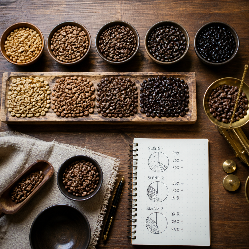 Close-up of freshly roasted coffee beans sorted by roast level and origin, with a scale and blend notes on a wooden surface.