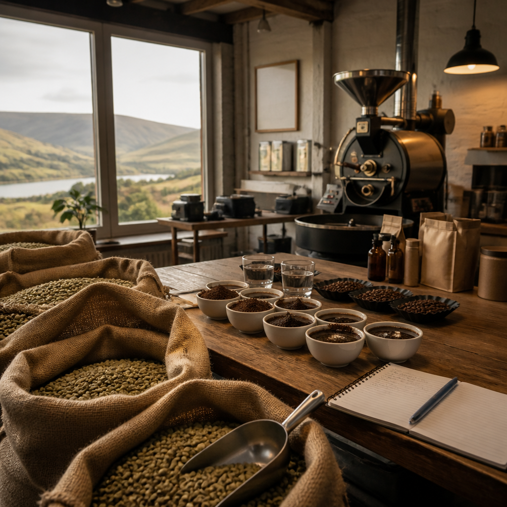 Interior of a traditional coffee roastery with green bean sacks, roasting equipment, and cupping bowls on a work table.