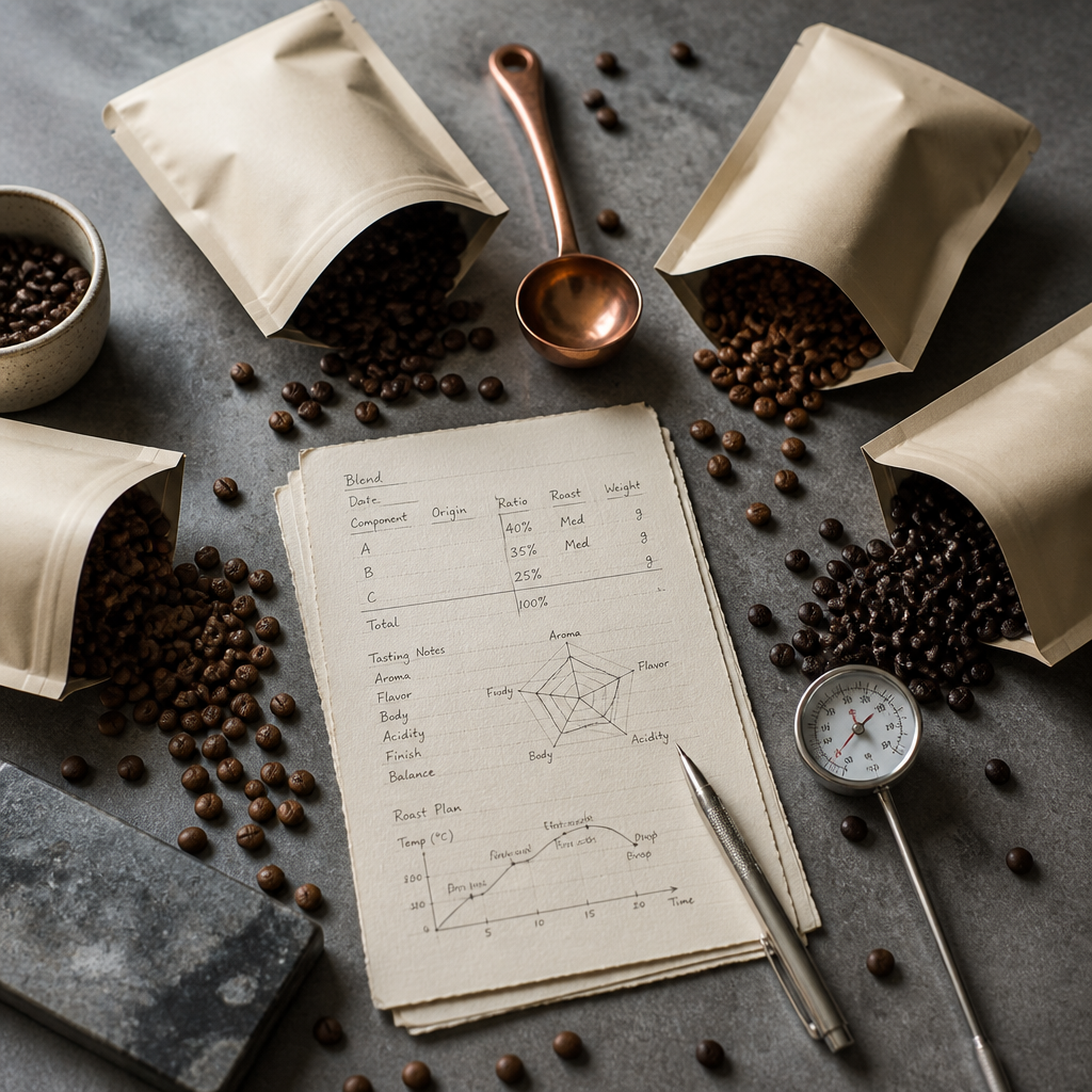 Flat-lay of coffee blending tools and components including plain bags of different bean origins, cupping equipment, and blend notes.