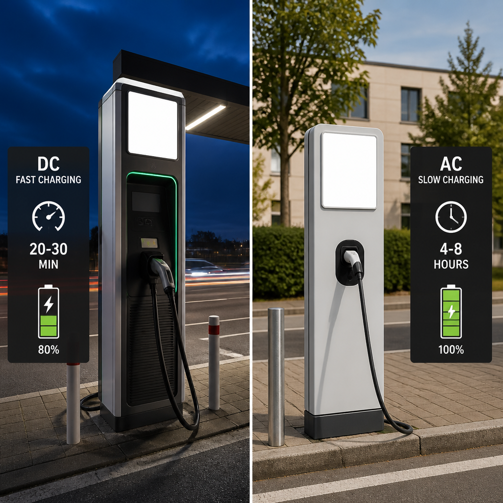 Side-by-side comparison of fast DC and slower AC public charging infrastructure for electric vehicles