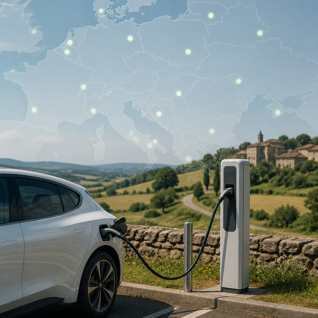 Electric vehicle at a remote rural charging station with sparse infrastructure illustrated in background map overlay