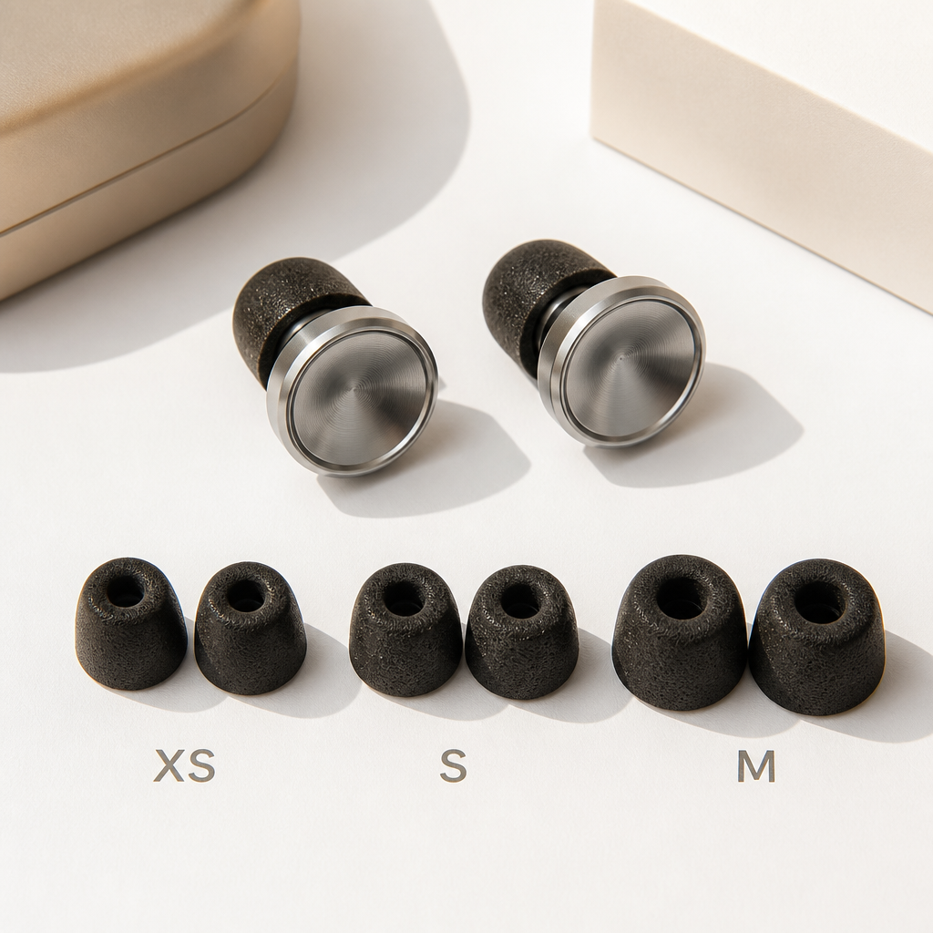 Premium reusable ear plugs with metal body and three sizes of foam tips displayed on white background