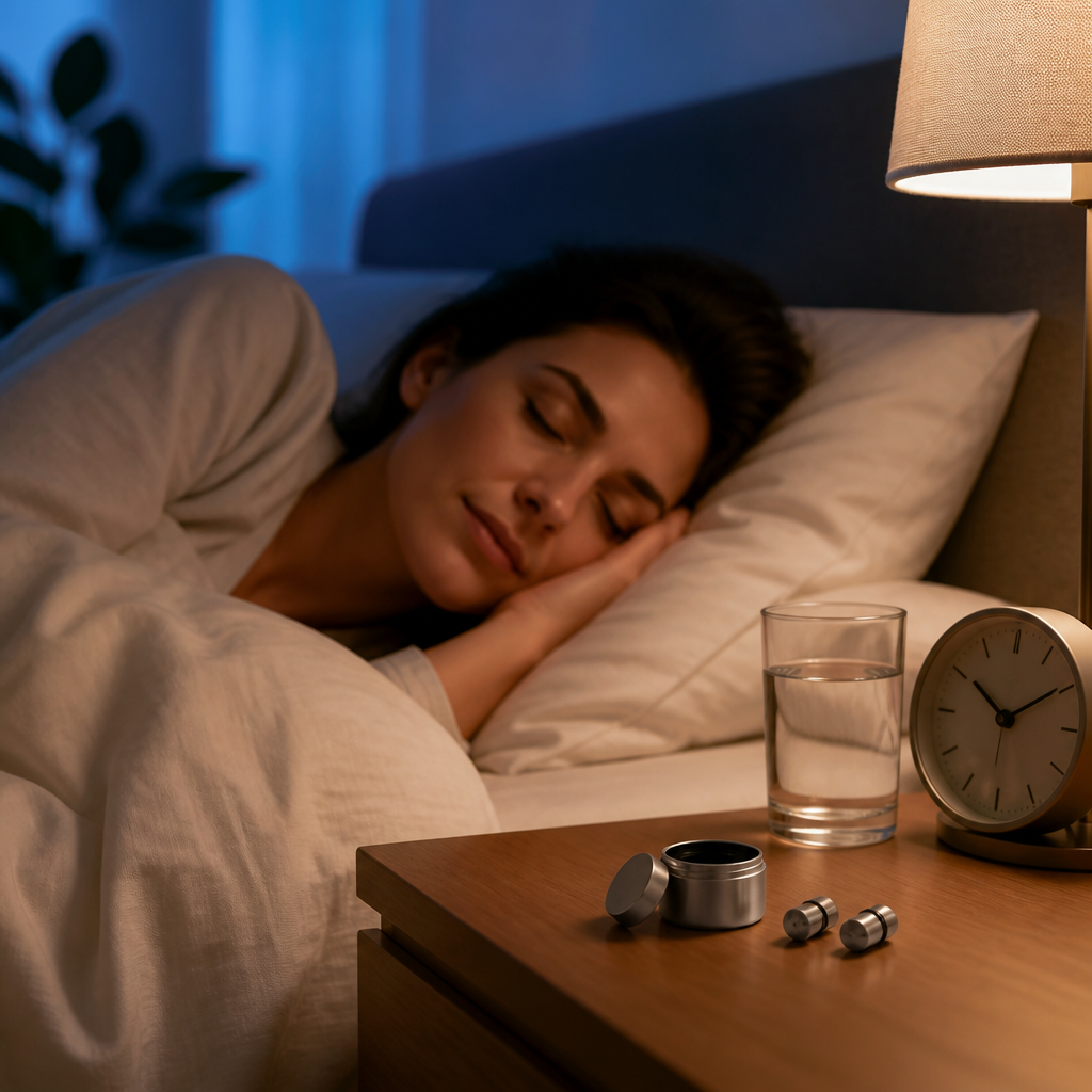Nightstand setup with reusable ear plugs ready for nightly use beside a bed