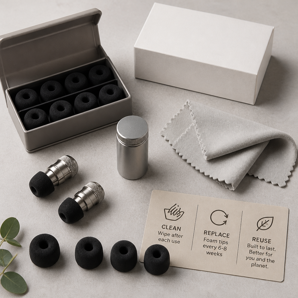 Reusable ear plugs with replacement foam tips and cleaning materials showing proper maintenance routine