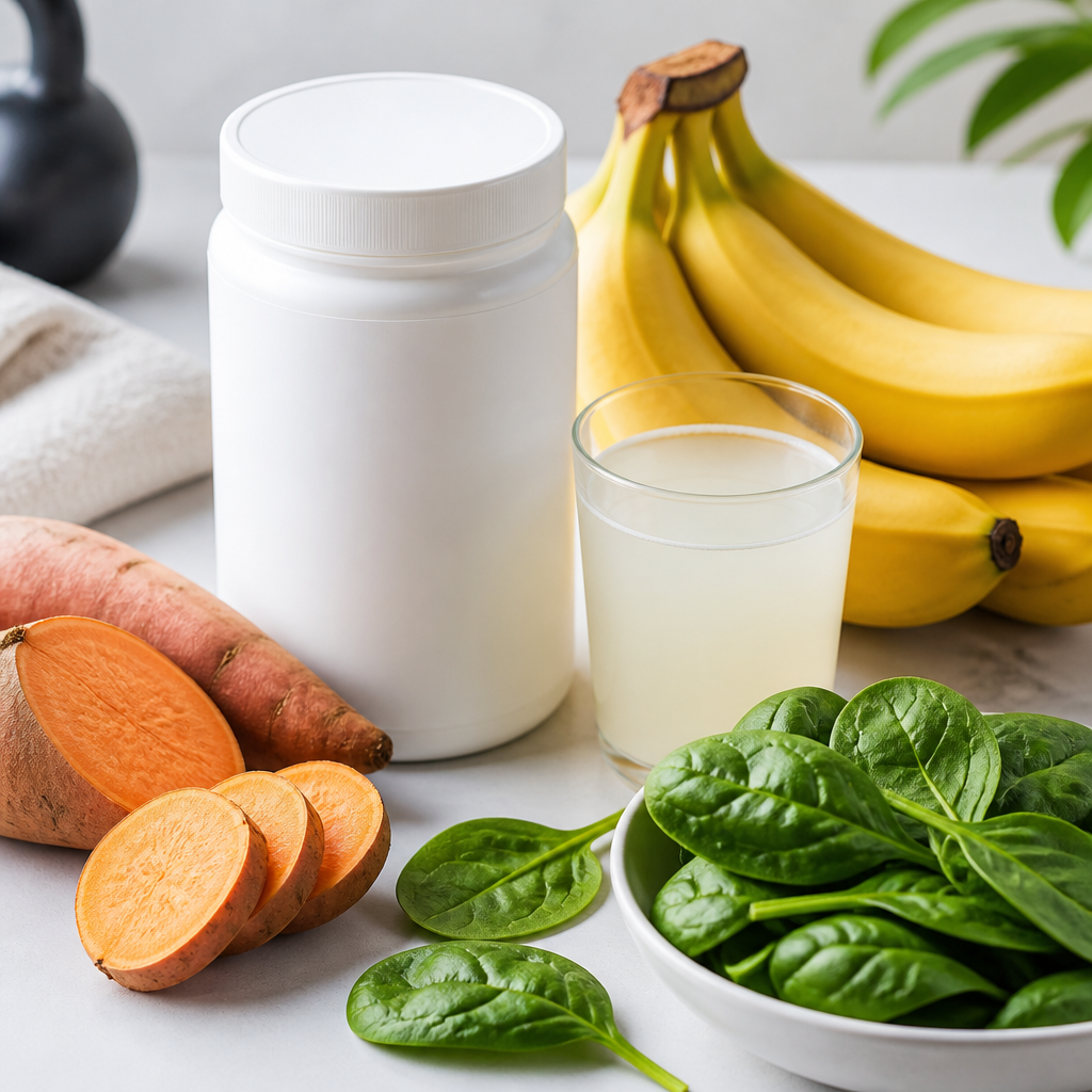 Electrolyte supplement and potassium-rich foods arranged together