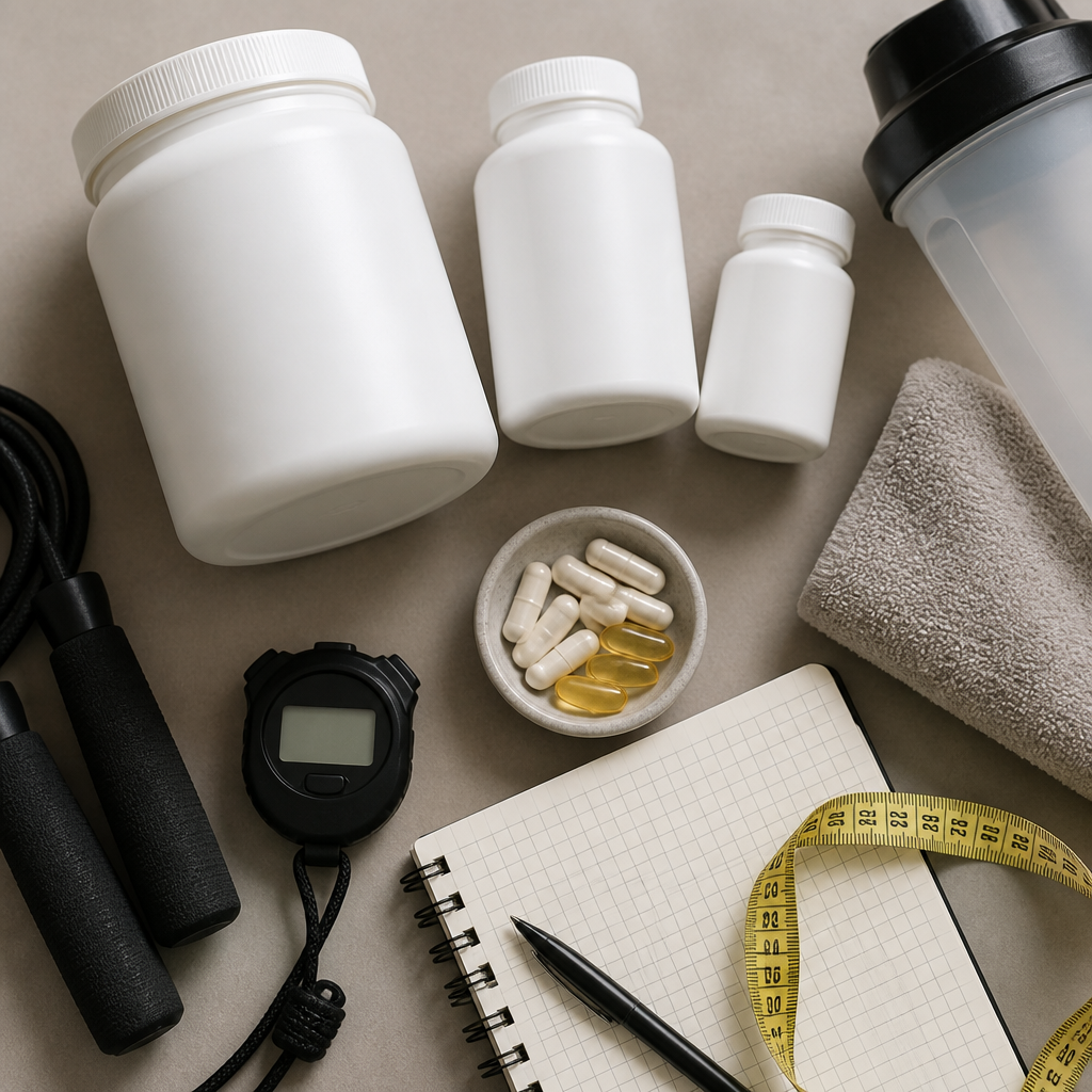 Supplements and athletic performance measurement tools arranged flat-lay style
