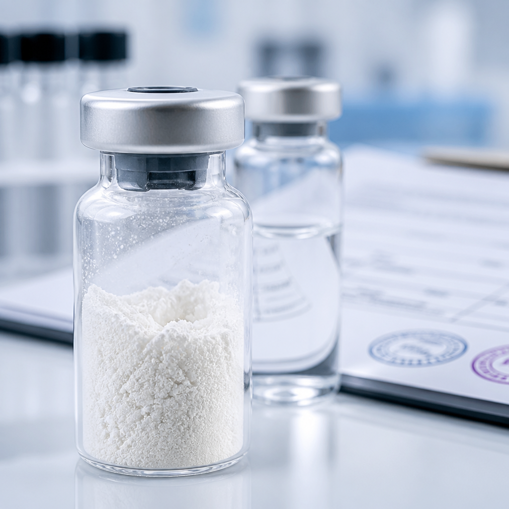 Macro view of freeze-dried peptide powder showing structural integrity and purity with research documentation
