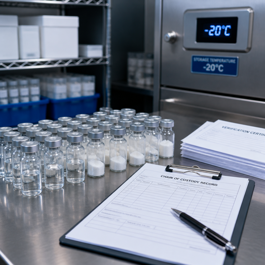 Research laboratory storage with multiple bacteriostatic water vials, peptide compounds, and quality verification documentation