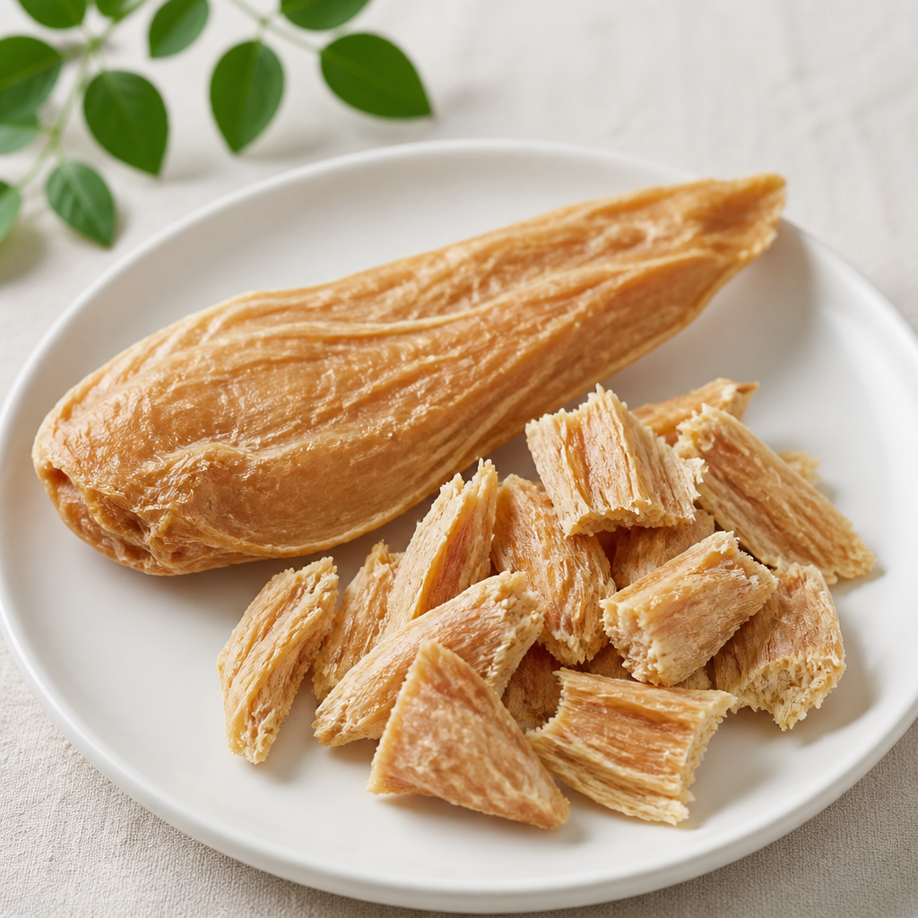 Premium air-dried chicken cat treat made from 100% real, human-grade meat on a white plate