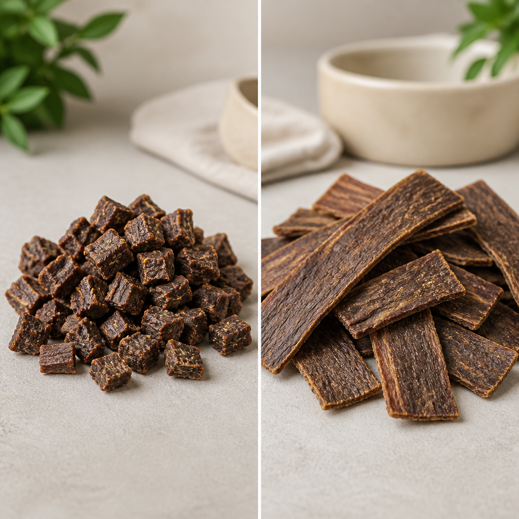 Side-by-side comparison of premium cat treats versus dog treats showing nutritional differences
