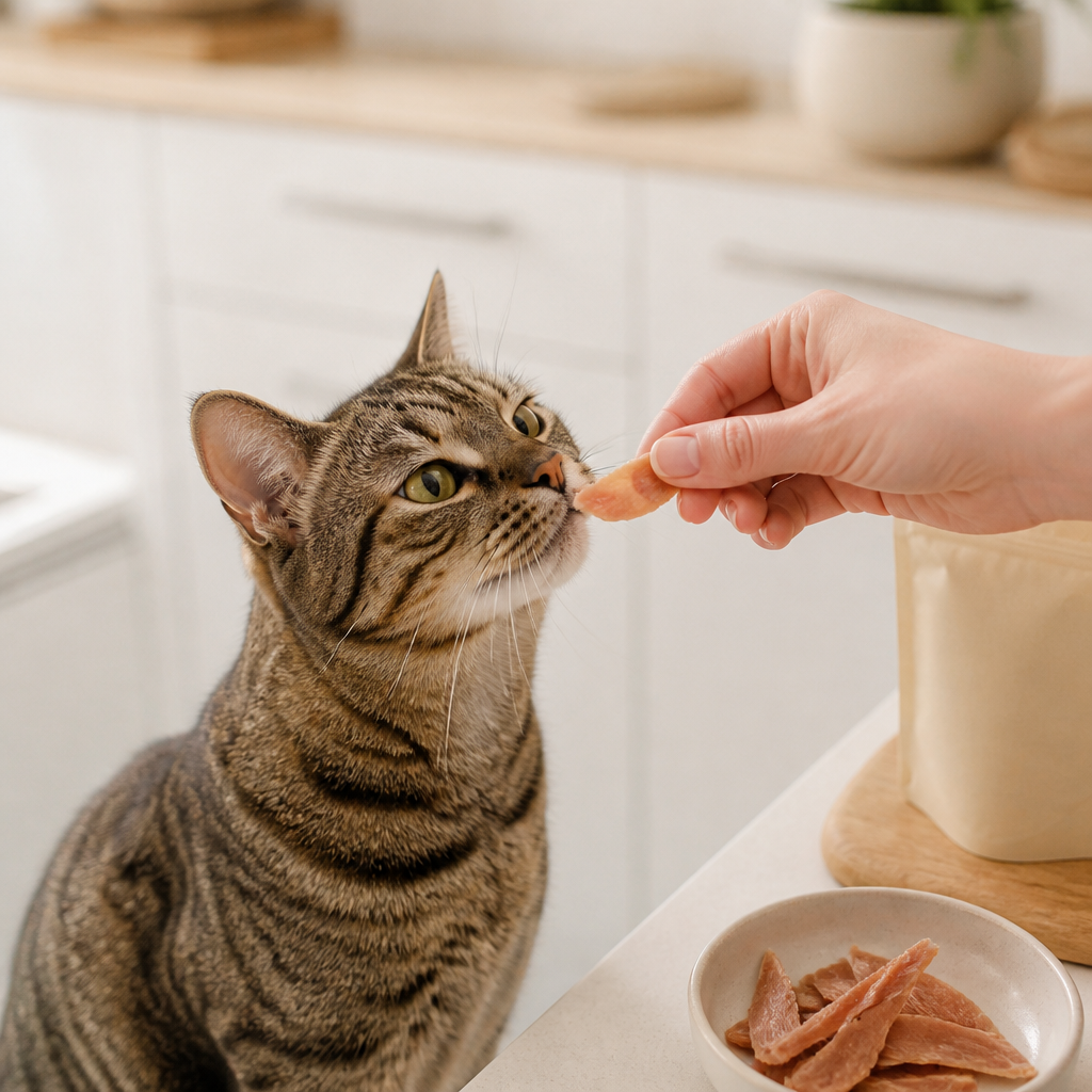 Cat receiving a premium air-dried turkey treat from owner's hand in a home kitchen