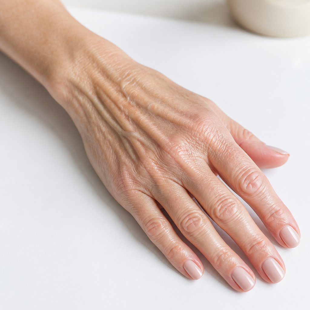 Mature hand showing visible veins and thin skin texture, illustrating age-related volume loss