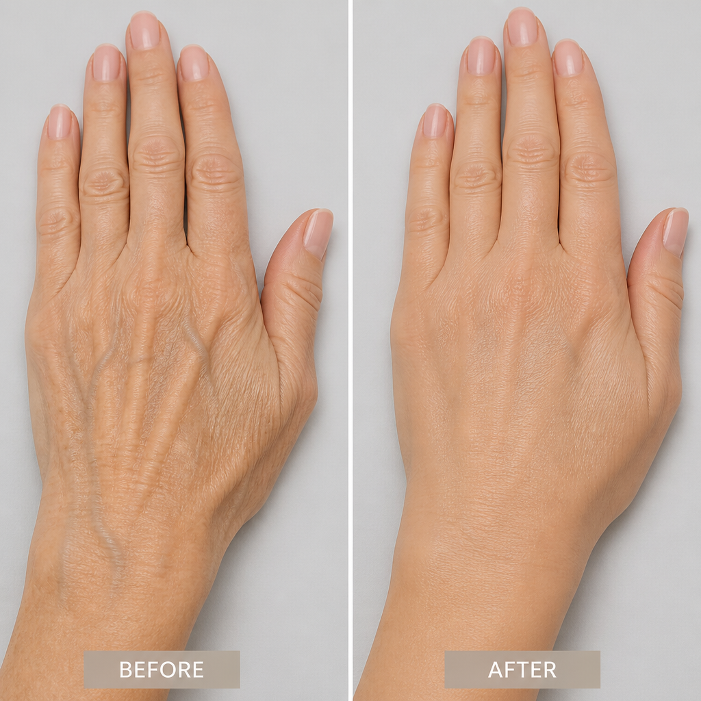 Side-by-side comparison of hand before and after dermal filler treatment showing restored volume and smoothness