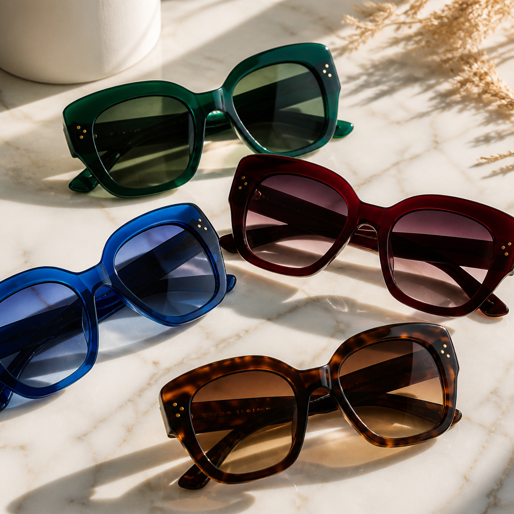 Oversized acetate sunglasses in rich jewel-tone colors displayed on white marble, representing fall 2026 sunglass trends