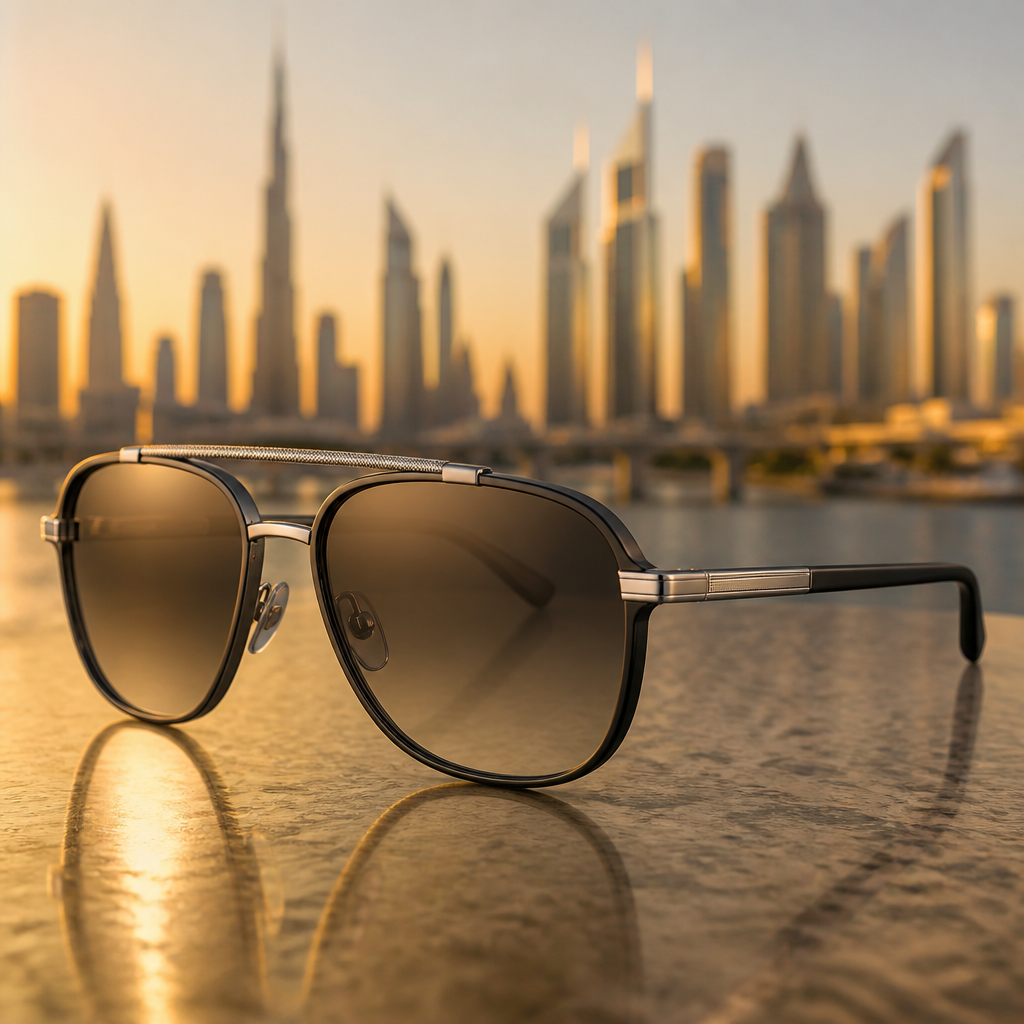 Modern aviator sunglasses showcased against Dubai skyline at sunset, highlighting 2026 reinvented aviator trend
